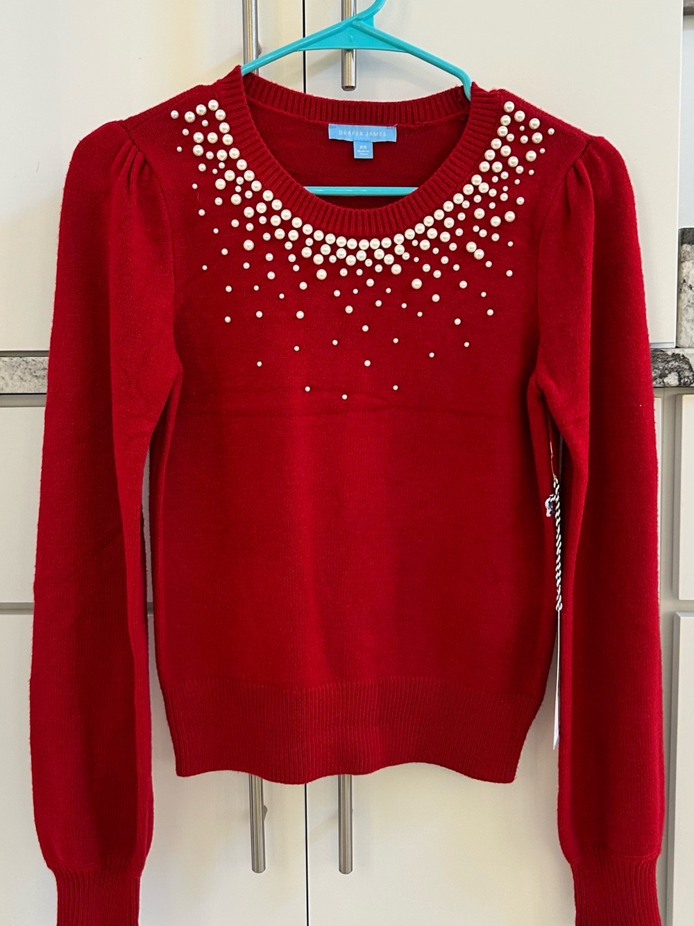 Draper James Red Pearl-Embellished Crewneck Sweater